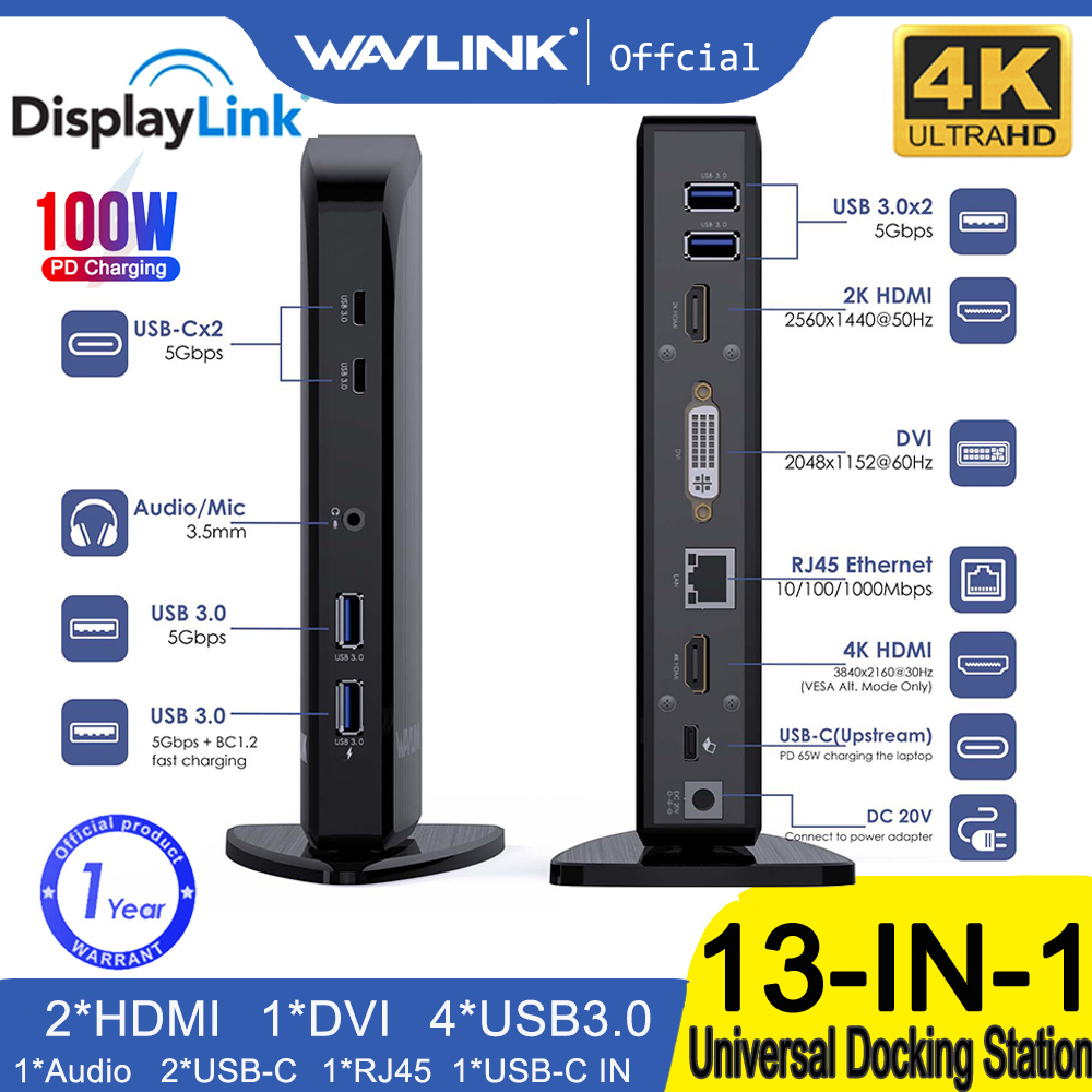 Wavlink USB-C Triple Display Universal Docking Station Working Online and Online Class Companion with Power Delivery for MacBook & Specific Windows USB Type-C (4K HDMI & 2K HDMI & DV1/ VGA, Gigabit Et