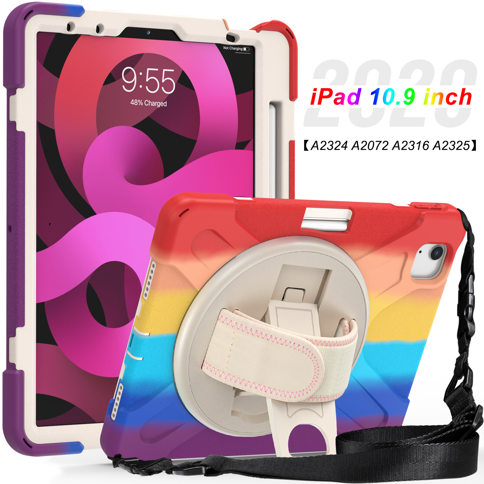 Rainbow Shockproof Heavy Duty Kids Safe iPad Case for iPad 10th 9th 6th 7th 8th Generation Case 10.2 2020 2019 Pro 11 iPad Air 5th 4th Generation Mini 6th 5 4 with Wrist Strap Kickstand Cover