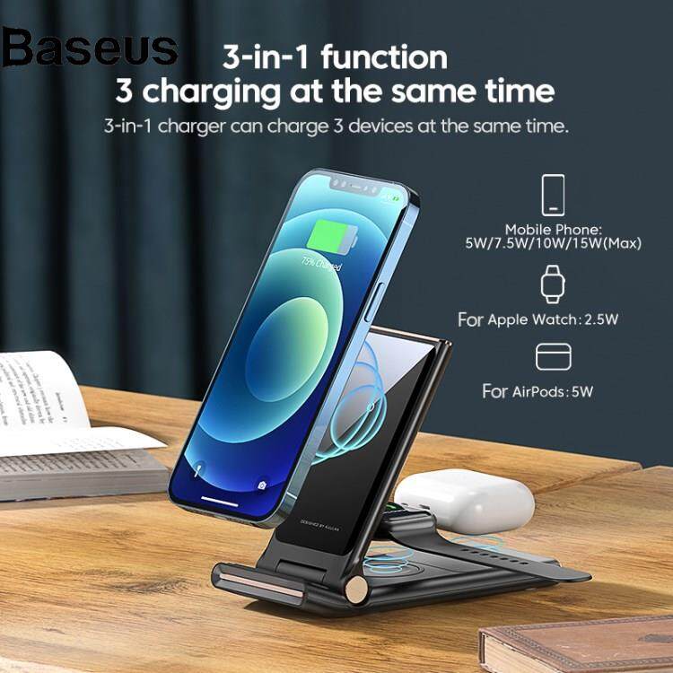 Baseus KUULAA 3 in 1 15W Wireless Charger Mirror Adjustable Phone Stand Folding Charging Dock Multi-function Charging Station for iPhone Apple Watch Airpods Pro