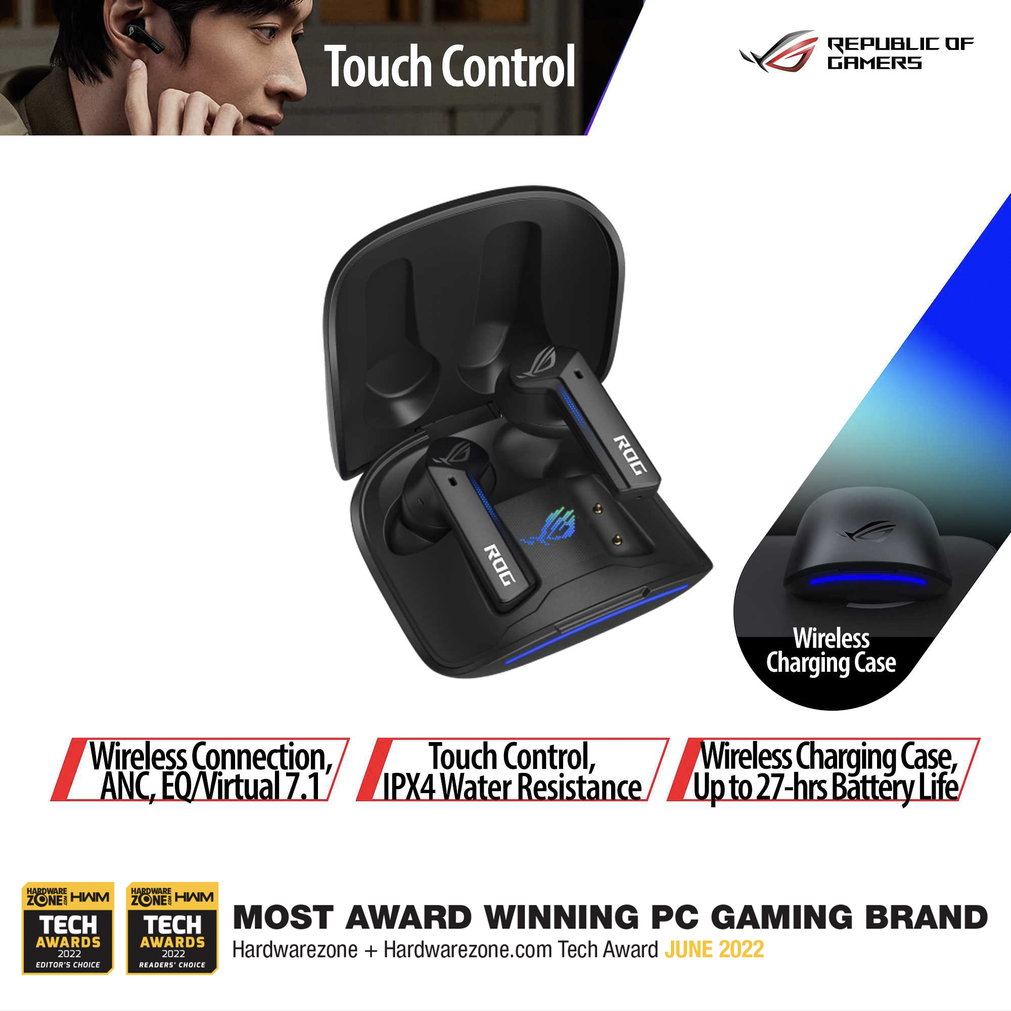 ASUS ROG Cetra True Wireless gaming headphones with low-latency wireless connection, ANC, up to 27-hour battery with wireless-charging case, IPX4 water resistance and support for EQ/virtual 7.1 via Ar