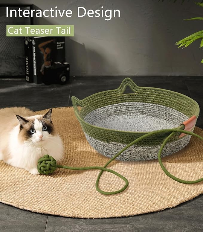 Panbo Hand Woven Cat Bed with Toy Tail, Kitten Shaped House Natural Cotton Linen Cat Scratch pad, Breathable and Odorless Indoor Puppy Bed Mat - Green S